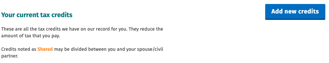 Tax credits summary with 'Add new credits' button