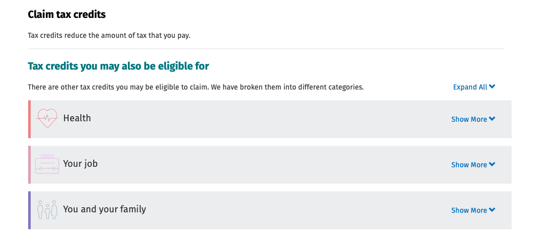 Tax credits categories: health, job, family