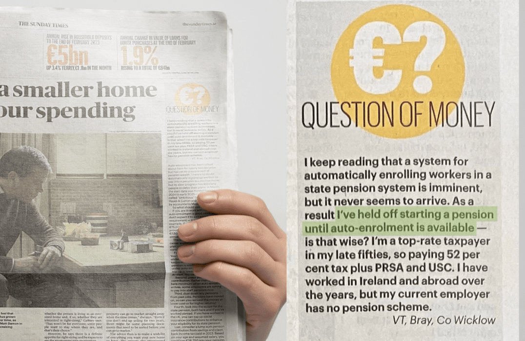 Newspaper article with 'Question of Money'